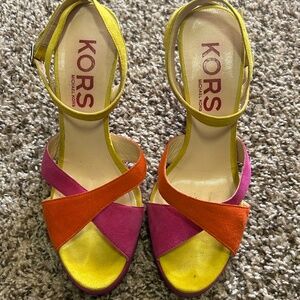 Kors Michael Kors Y2K Vintage Hot Pink, Orange & Bright Yellow Suede Strappy Hee
